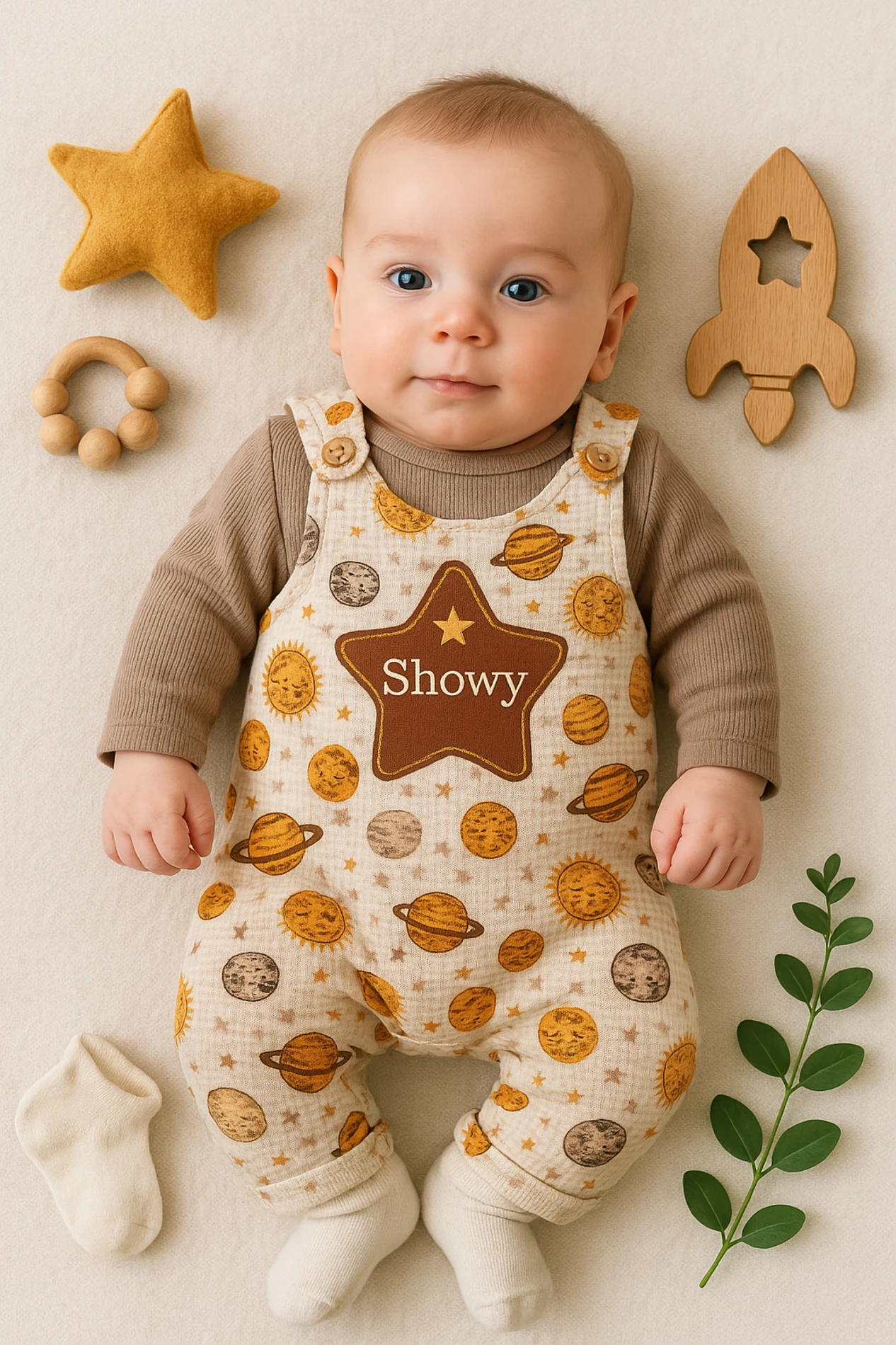 Nafitto Waffle Kumaş Salopetli Showy Yıldız Nakışlı Badili Bebek Tulum