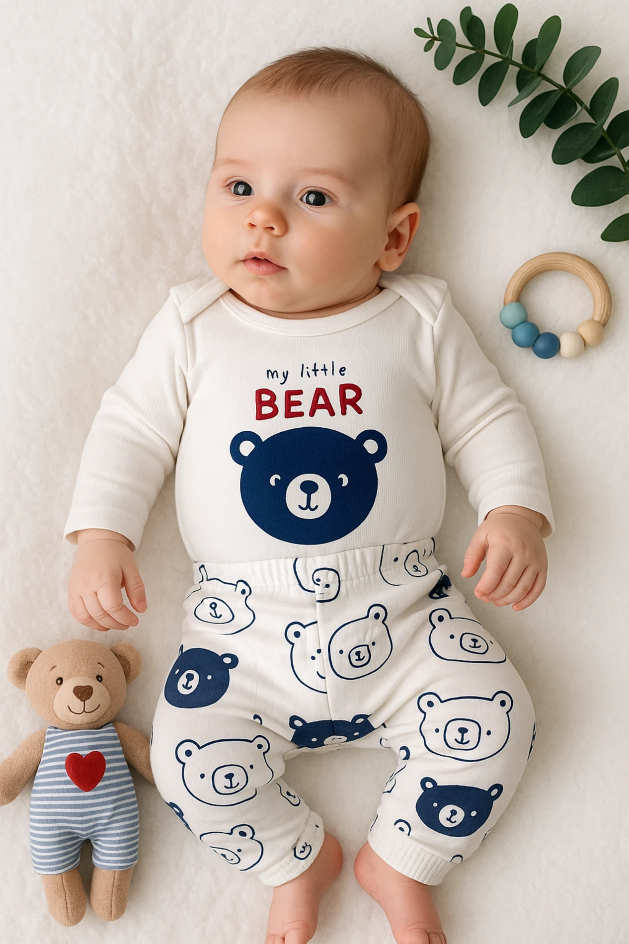Nayinom My Little Bear Baskılı Raporlu Kumaş 2’li Bebek Takım