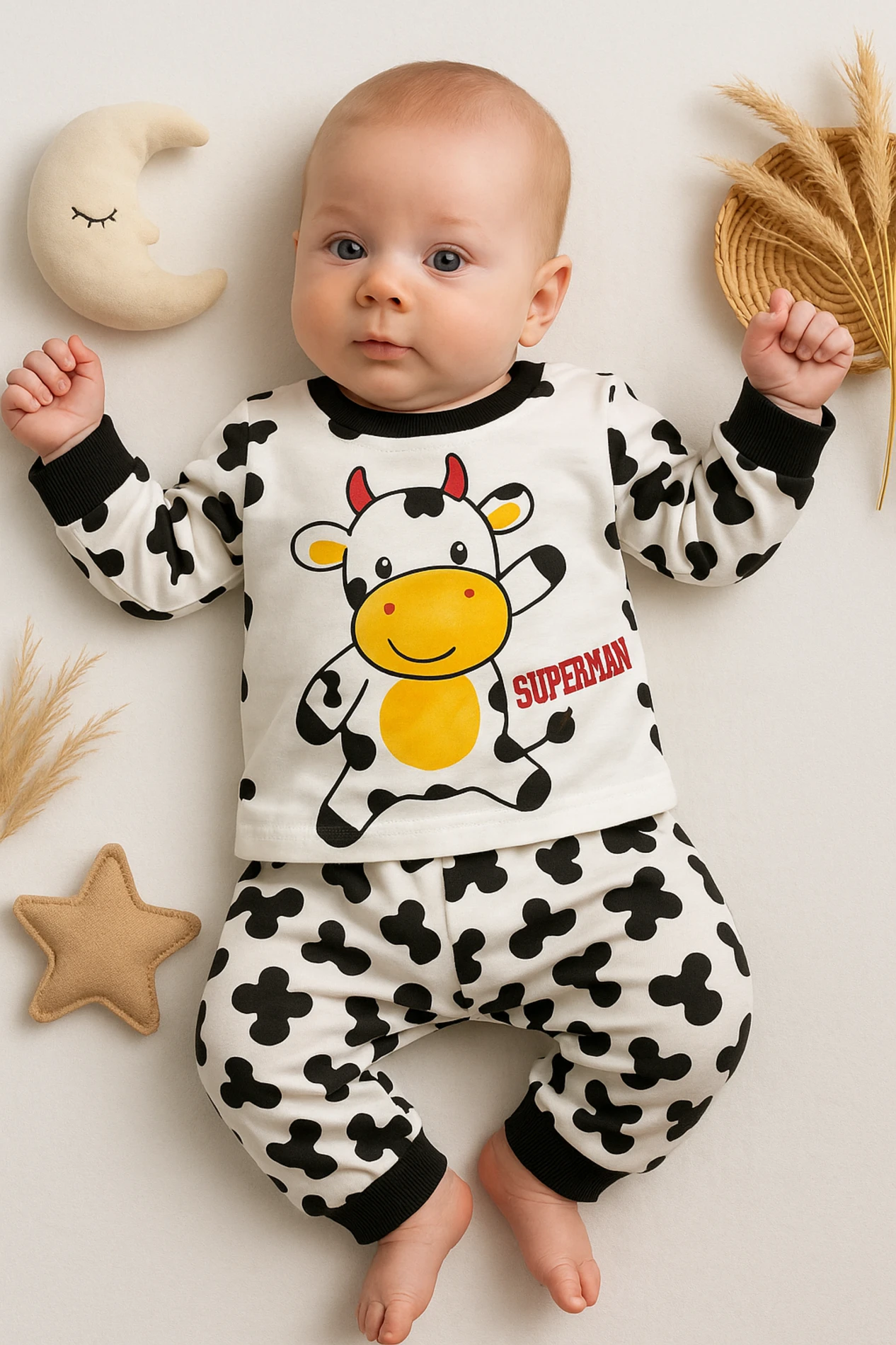 Süpermini Sevimli İnek Baskılı 2’li Bebek Pijama Takımı
