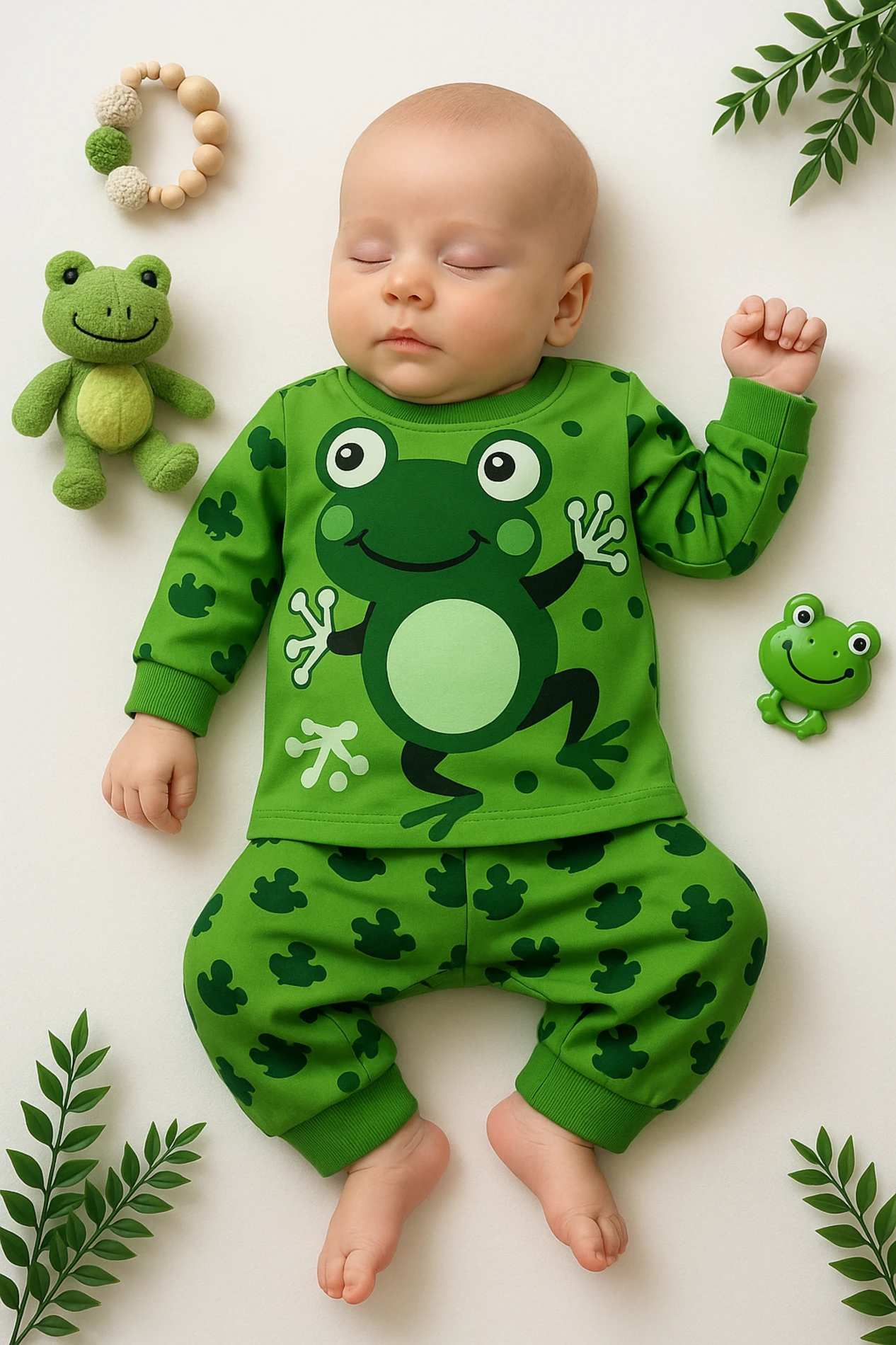Süpermini Sevimli Kurbağa Baskılı 2’li Bebek Pijama Takımı - Yeşil
