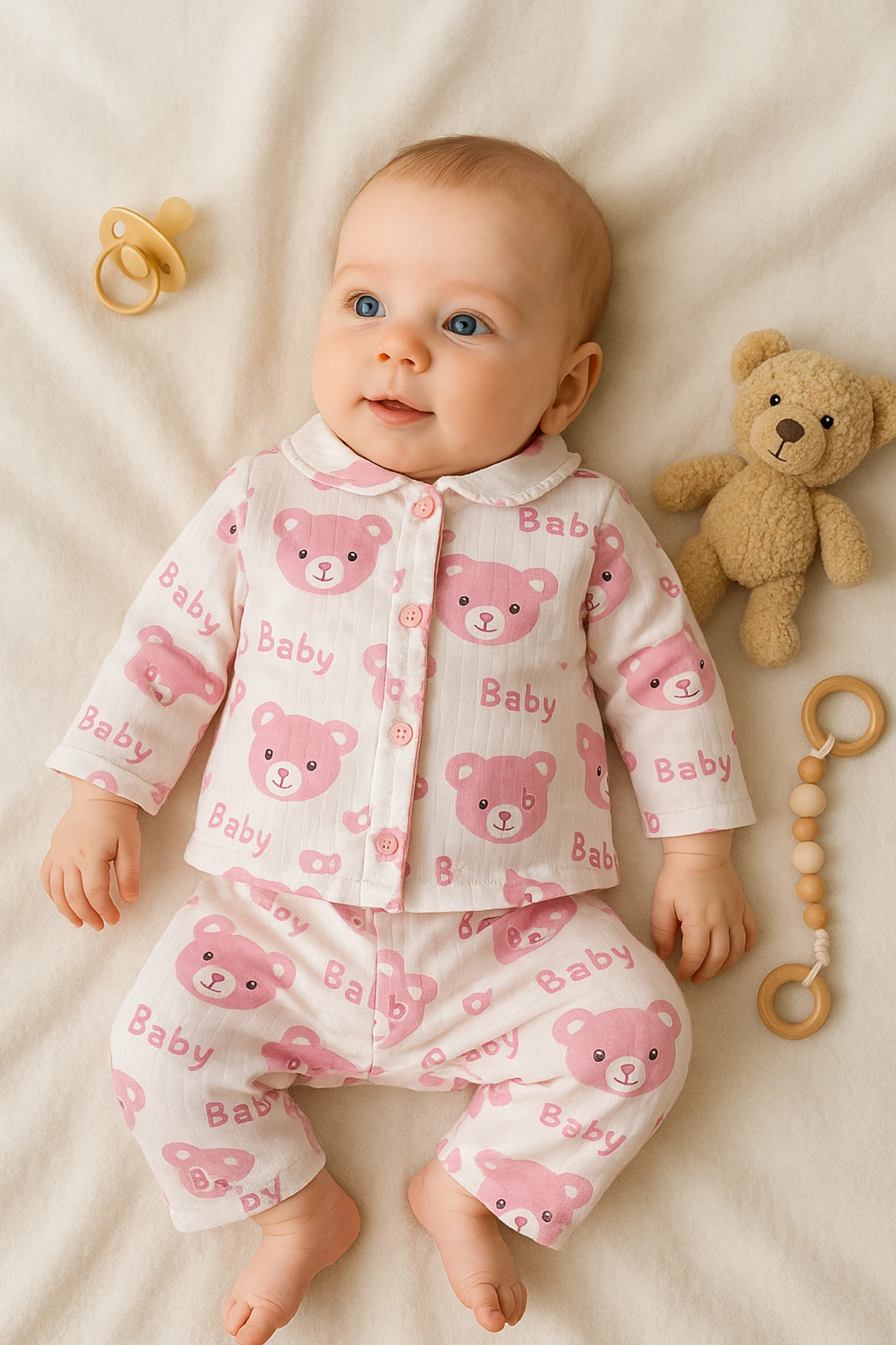 Zem Baby Ayıcık Baskılı Yakalı Fitilli Kumaş 2’li Bebek Pijama Takımı