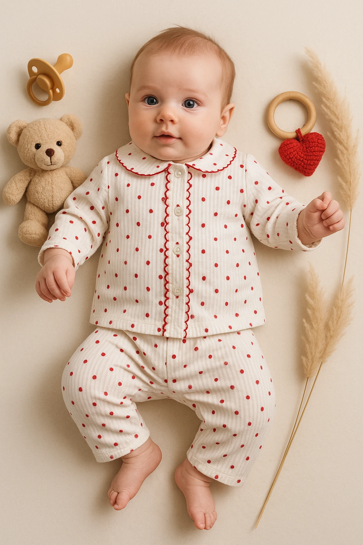 Zem Baby Minik Minik Kalpler Baskılı Fitilli Kumaş Yakalı 2’li Bebek Pijama Takımı