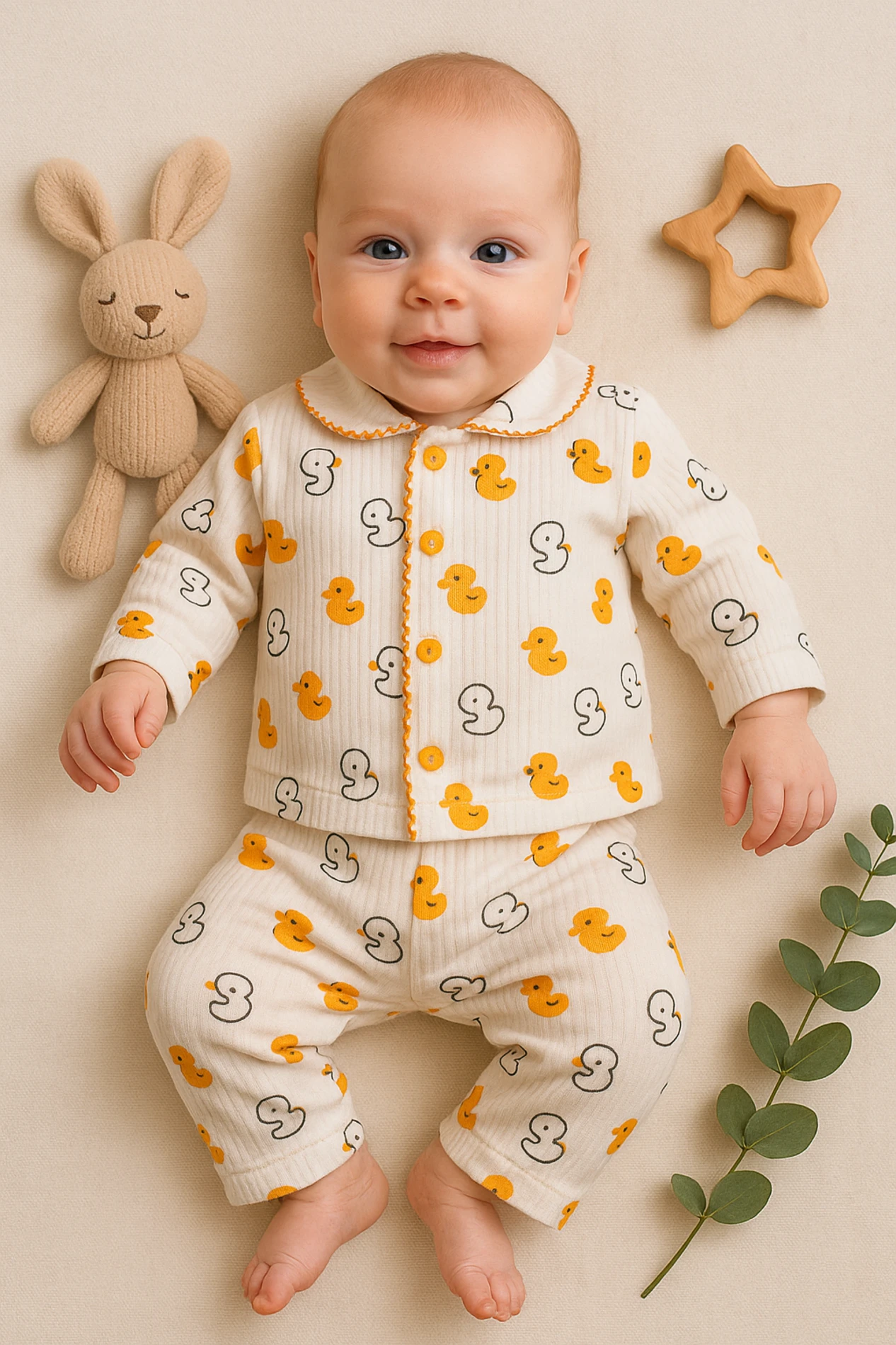 Zem Baby Minik Ördekler Baskılı Fitilli Kumaş Yakalı 2’li Bebek Pijama Takımı