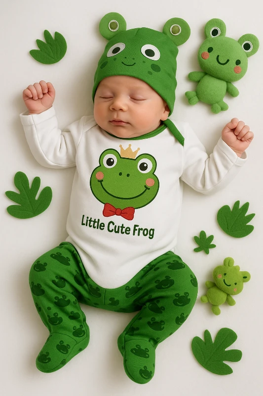 Minibird Sevimli Kurbağa Baskılı Şapkalı 3’lü Bebek Takım