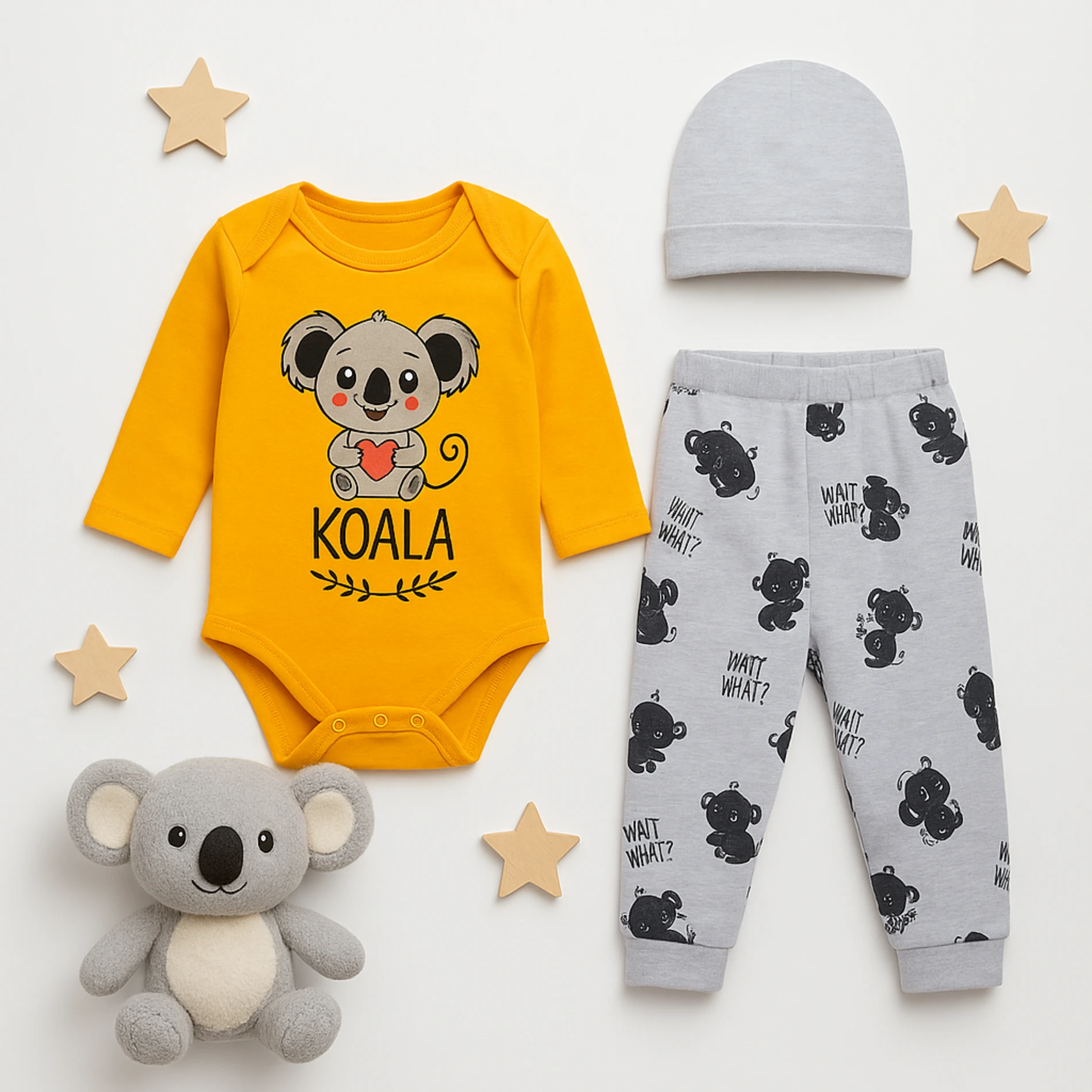 Baby Koala Baskılı Şapkalı 3’lü Bebek Takım