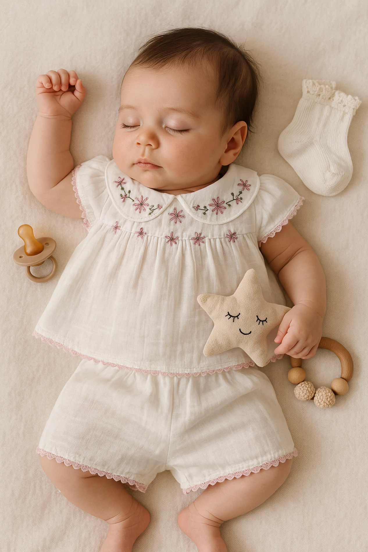 Babymilk Yazlık Yakası Çiçek Nakışlı Müslin Kumaş 2’li Bebek Takım