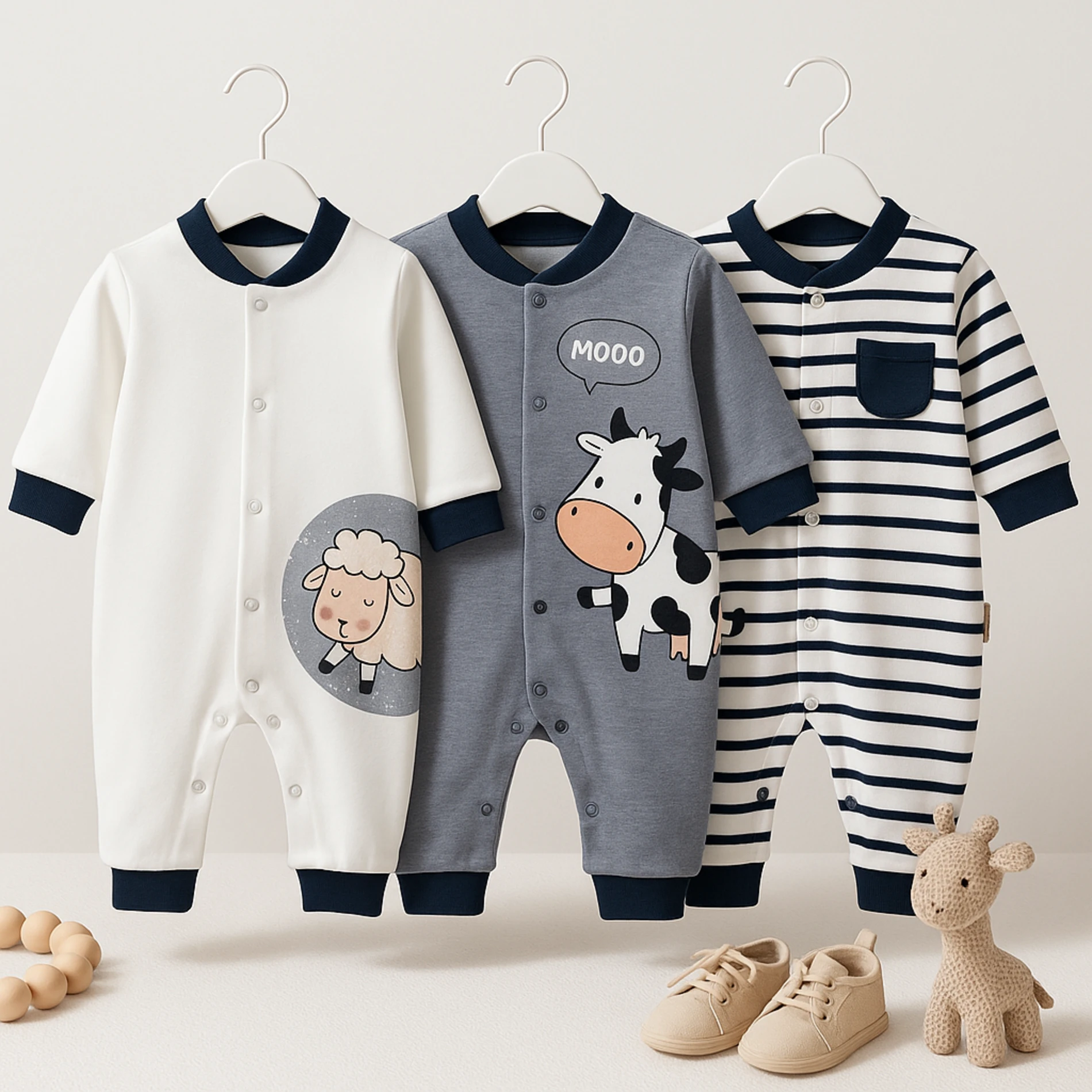 Necix İnek Baskılı 3’lü Bebek Tulum Set