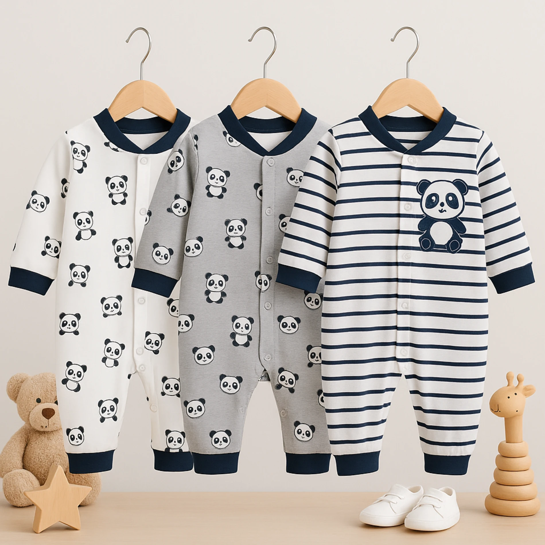 Necix Panda Nakışlı 3’lü Bebek Tulum Set