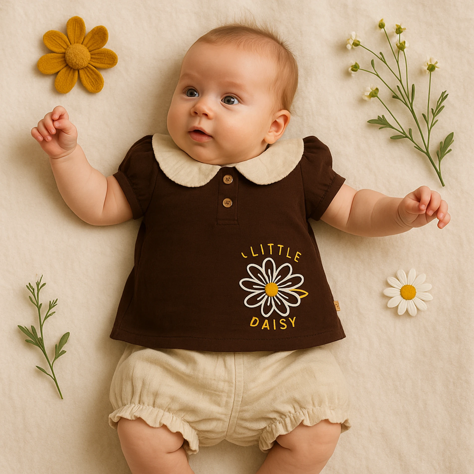 Çojux Yazlık Little Daisy Çiçek Baskılı Müslin Kumaş 2’li Bebek Takım