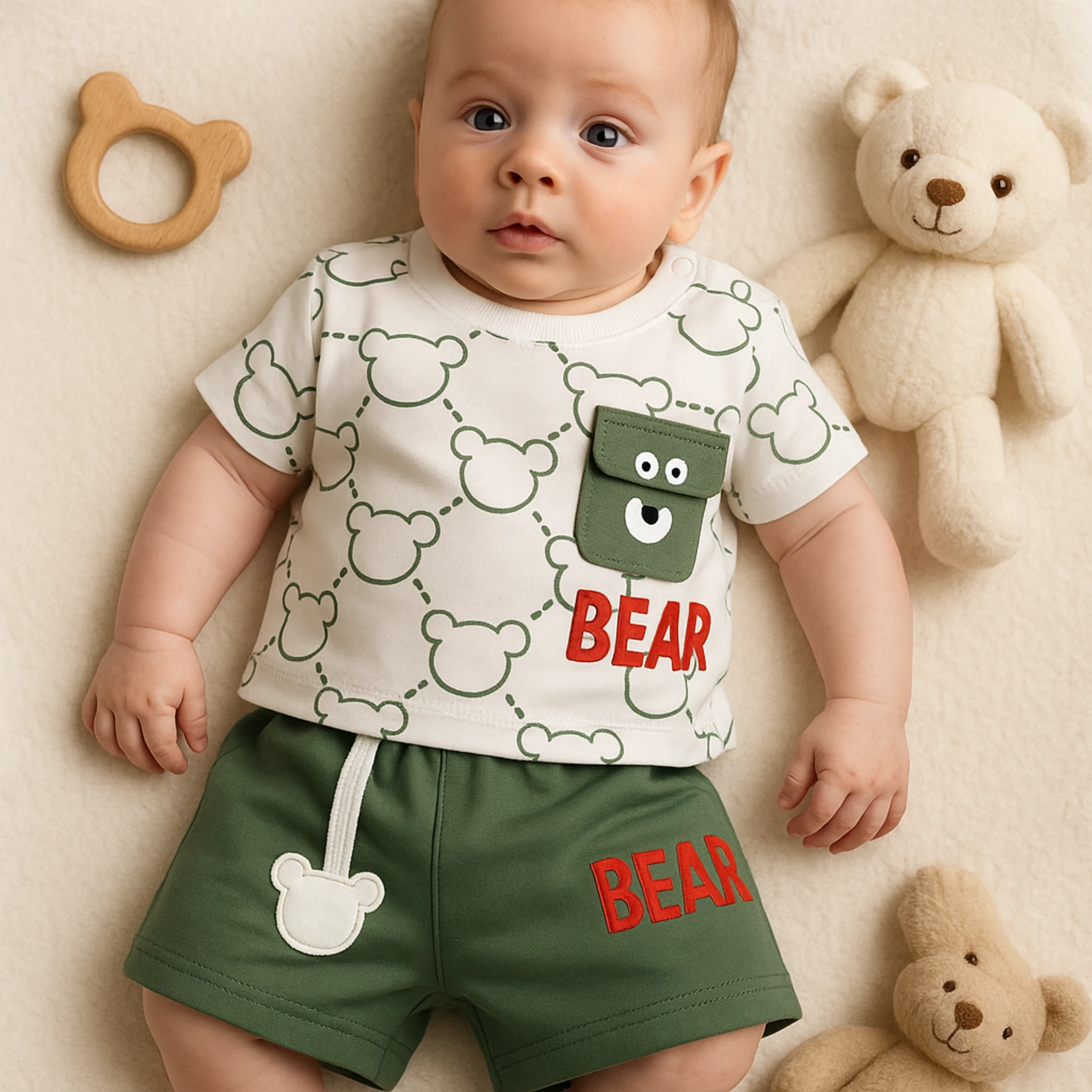 Kiddimax Yazlık Bear Baskılı Yandan Cepli 2’li Bebek Takım