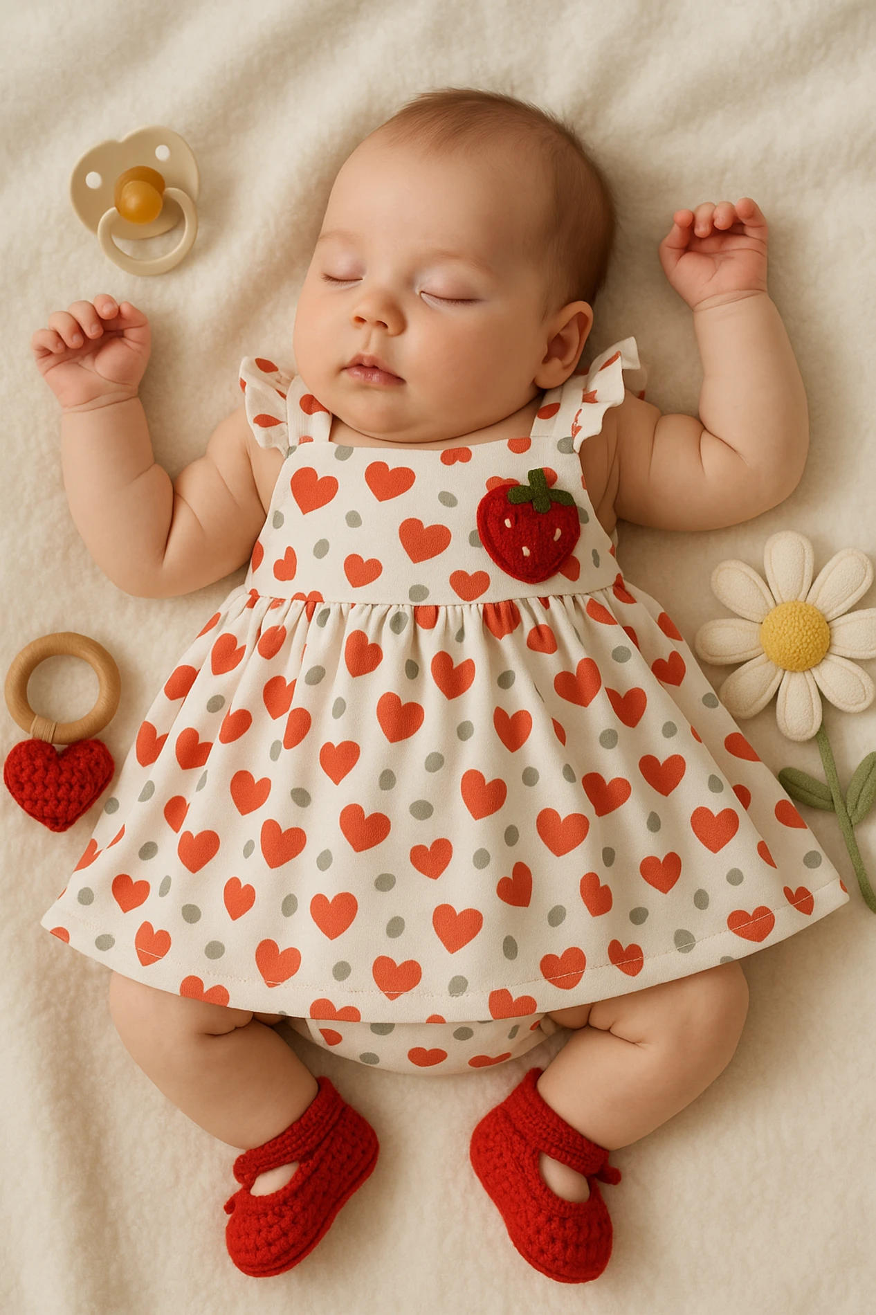 Baby mii Yazlık Turuncu Kalpler Baskılı Kolları Fırfırlı Bebek Elbise