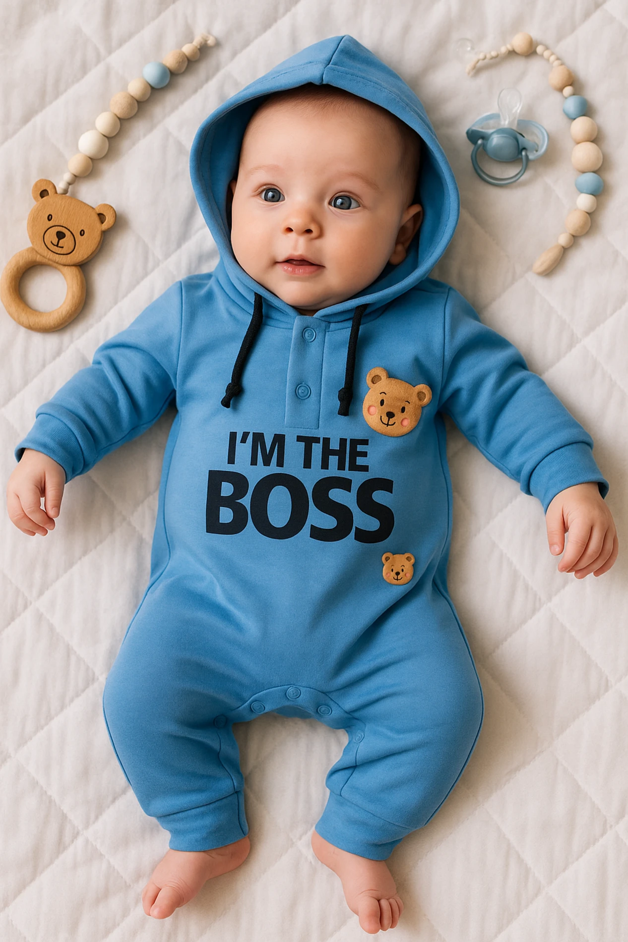 I’m The Boss Baskılı Kapüşonlu Bebek Tulum