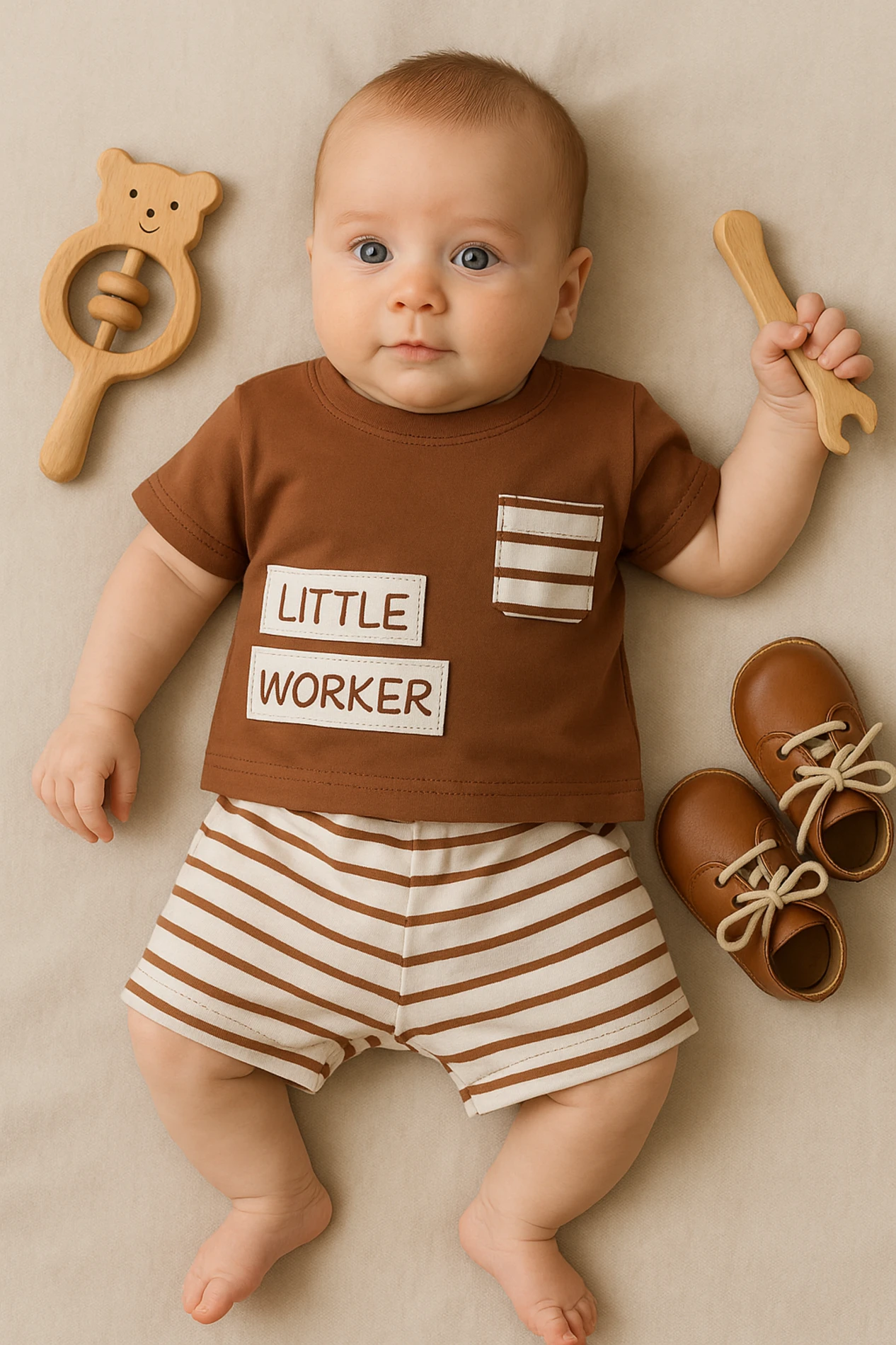 Chocukcha Yazlık Little Worker Baskılı Şortu Çizgili 2’li Bebek Takım