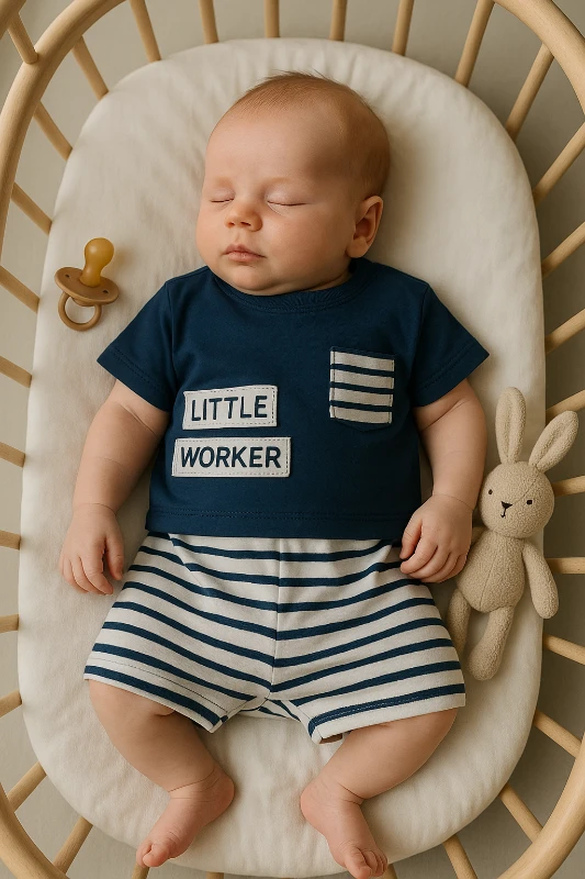 Chocukcha Yazlık Little Worker Baskılı Şortu Çizgili 2’li Bebek Takım