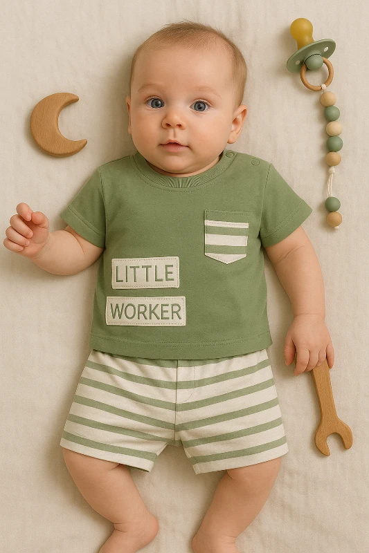 Chocukcha Yazlık Little Worker Baskılı Şortu Çizgili 2’li Bebek Takım