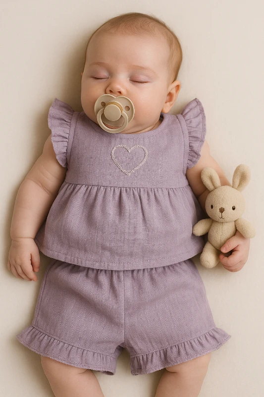 Güles Yazlık Love Kalp Nakışlı Kolları Fırfırlı 2’li Bebek Takım
