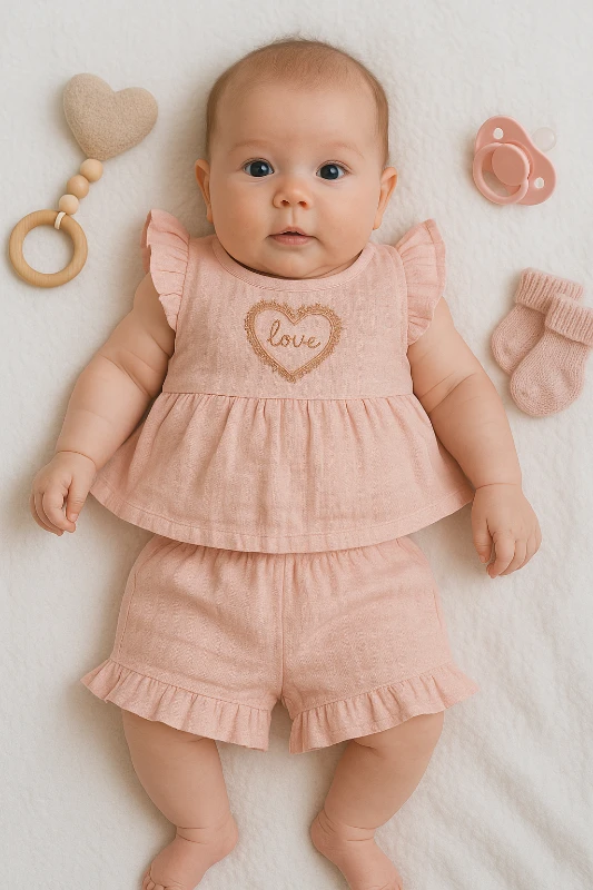 Güles Yazlık Love Kalp Nakışlı Kolları Fırfırlı 2’li Bebek Takım
