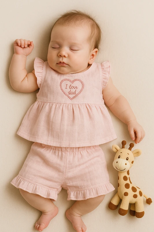 Güles Yazlık Love Kalp Nakışlı Kolları Fırfırlı 2’li Bebek Takım