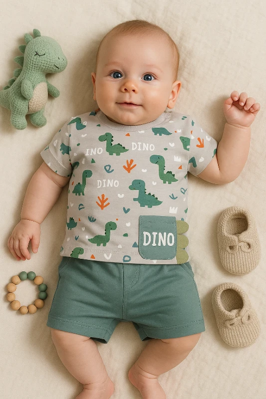 Kiddimax Yazlık Dinozorlar Baskılı Şortlu 2’li Bebek Takım
