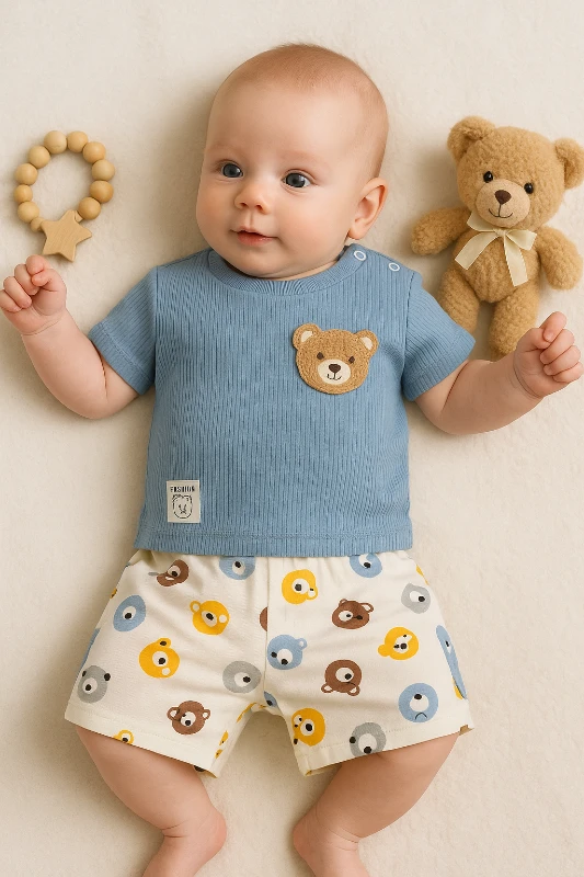 Kiddimax Yazlık Süzene Ayıcık Nakışlı Raporlu Kumaş 2’li Bebek Takım