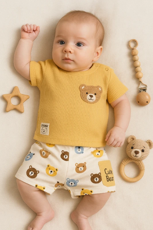 Kiddimax Yazlık Süzene Ayıcık Nakışlı Raporlu Kumaş 2’li Bebek Takım