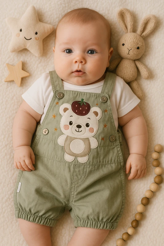 Ayıcık Nakışlı Badili Bebek Keten Salopet