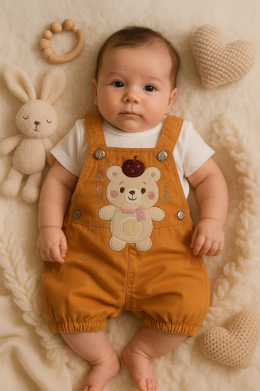 Ayıcık Nakışlı Badili Bebek Keten Salopet