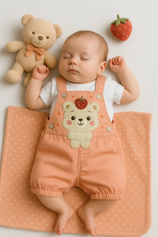 Ayıcık Nakışlı Badili Bebek Keten Salopet