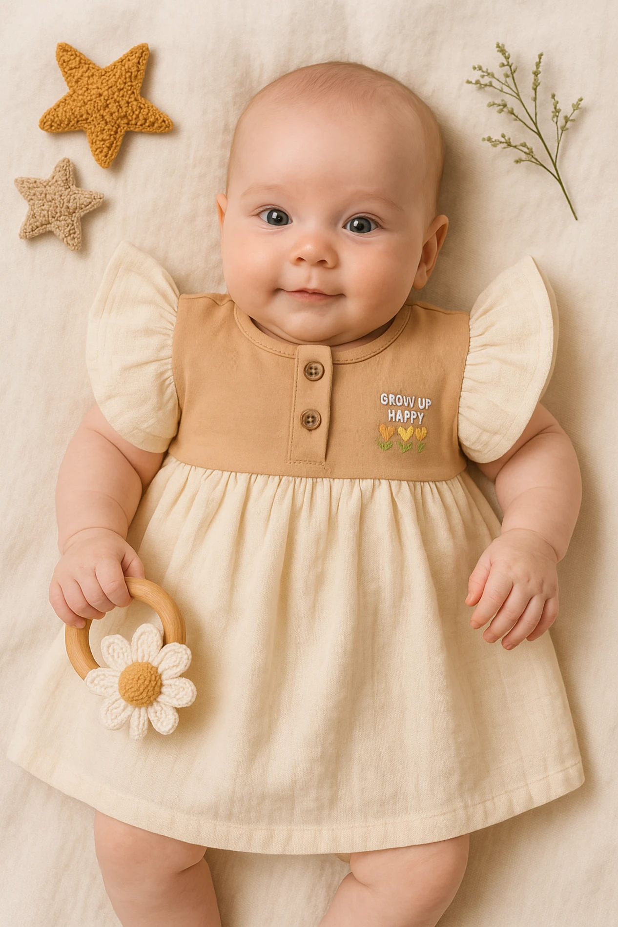 Yazlık Grow Up Happy Nakışlı Karpuz Kol Kız Bebek Elbise