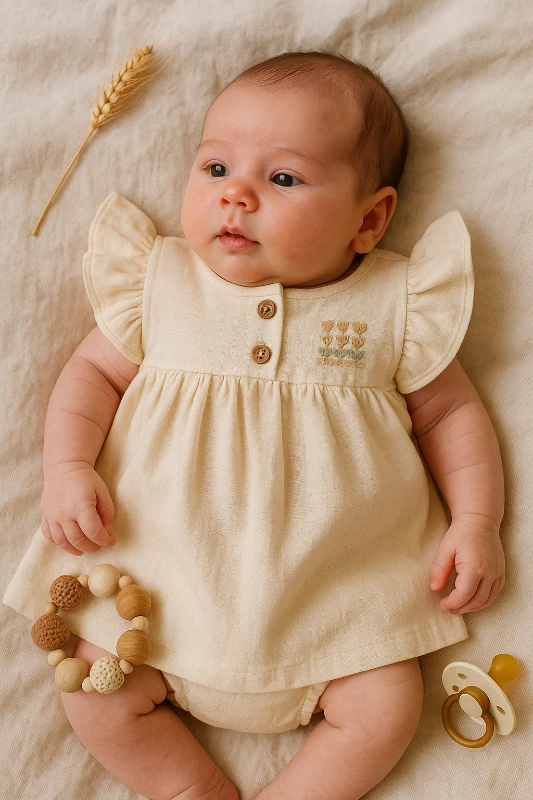 Çojux Yazlık Grow Up Happy Nakışlı Karpuz Kol Kız Bebek Elbise