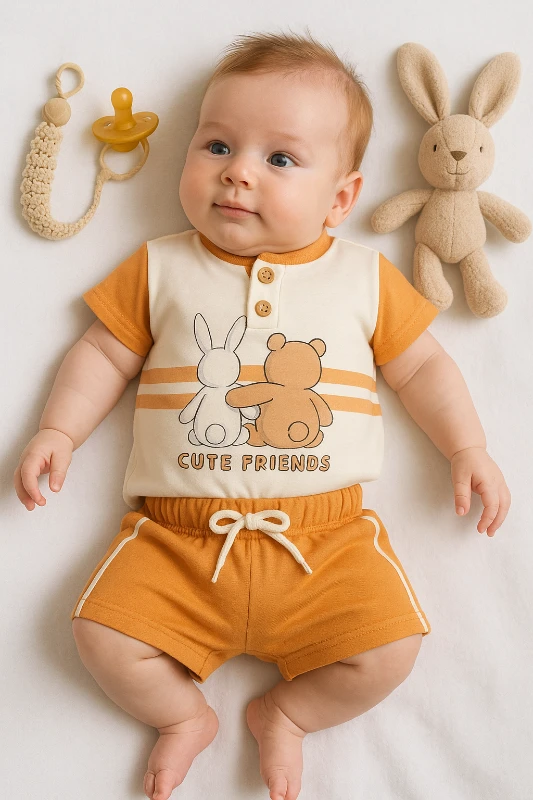Dolaş Yazlık Cute Friends Baskılı 2’li Bebek Takım