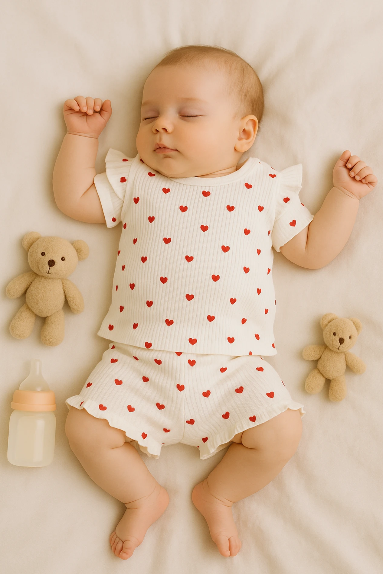 Yazlık Minik Kalpler Baskılı Raporlu Kumaş 2’li Bebek Takım