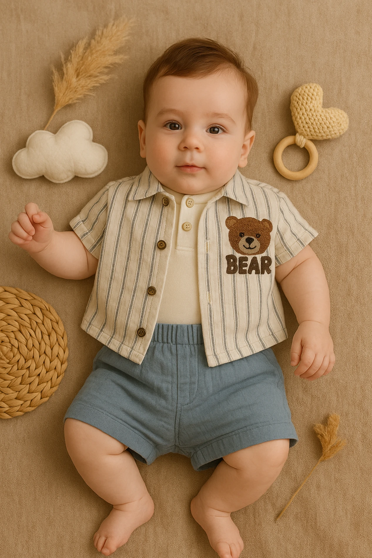 Yazlık Bear Nakışlı Gömlekli Badili Şortlu 3’lü Bebek Takım