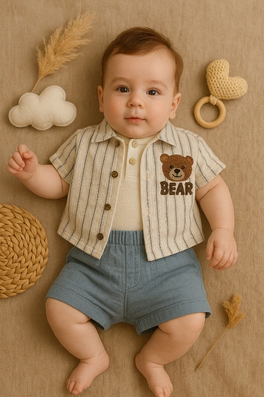 Tufitto Yazlık Bear Nakışlı Gömlekli Badili Şortlu 3’lü Bebek Takım