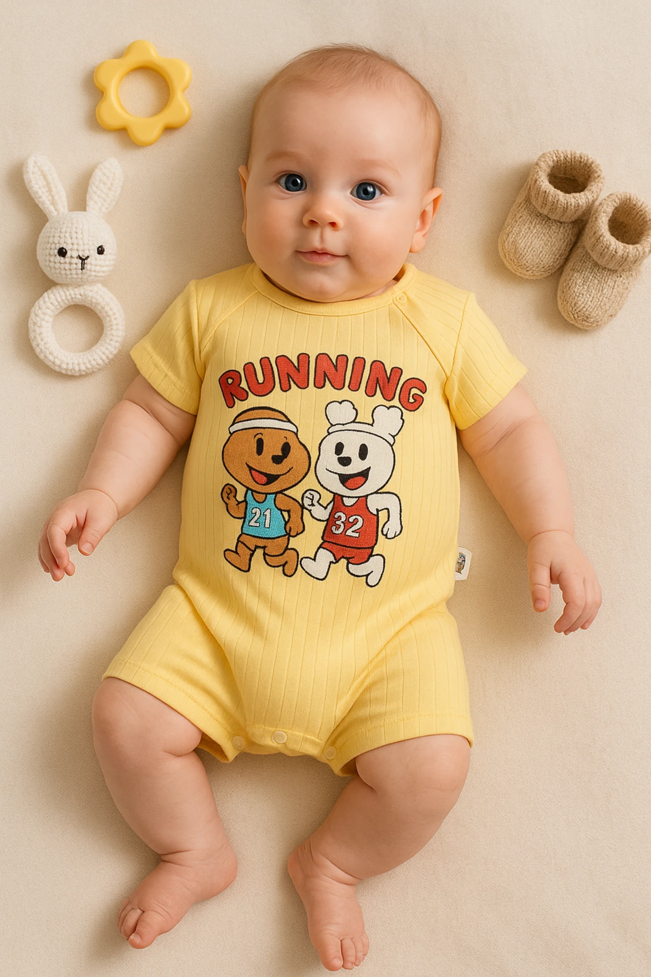Yazlık Running Baskılı Raporlu Kumaş Bebek Tulum