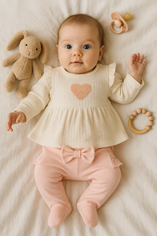 Babycan Kalp Nakışlı Karpuz Kol Bebek Zıbın Takım