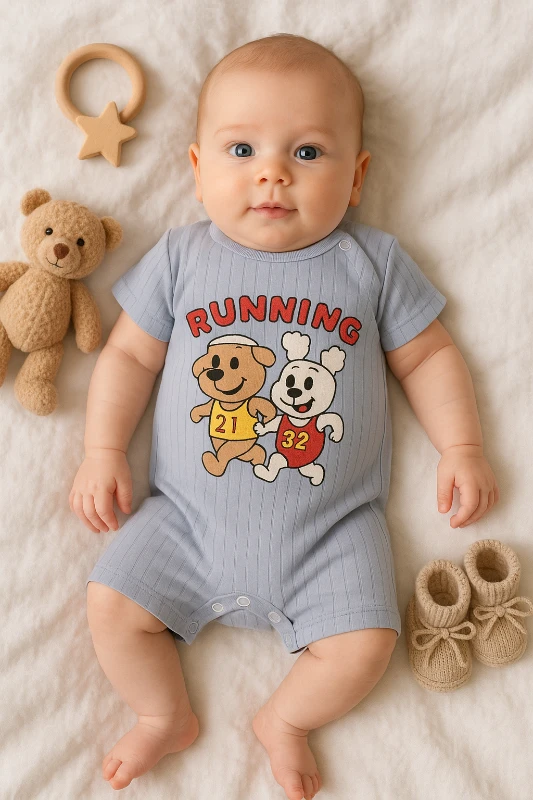 Babymii Yazlık Running Baskılı Raporlu Kumaş Bebek Tulum