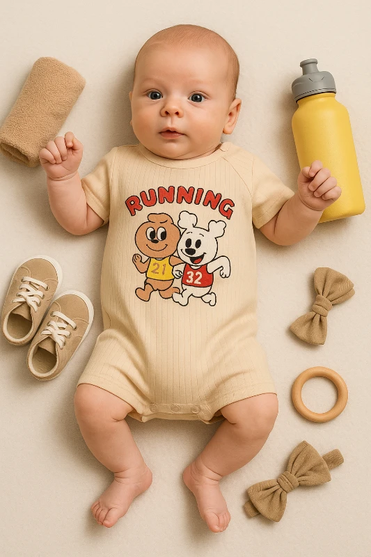 Babymii Yazlık Running Baskılı Raporlu Kumaş Bebek Tulum