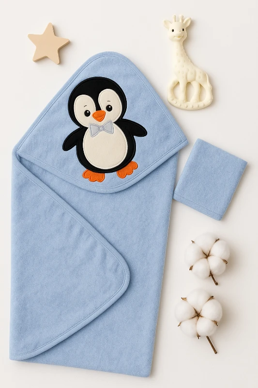 Ruken Penguen Nakışlı Keseli Bebek Silgi Havlu