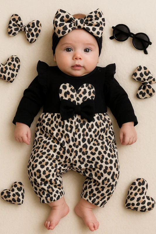 Leoparlı Kalp Nakışlı Bandanalı Bebek Tulum