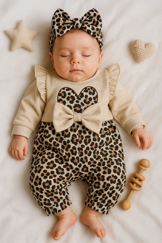 Leoparlı Kalp Nakışlı Bandanalı Bebek Tulum