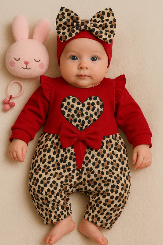 Leoparlı Kalp Nakışlı Bandanalı Bebek Tulum