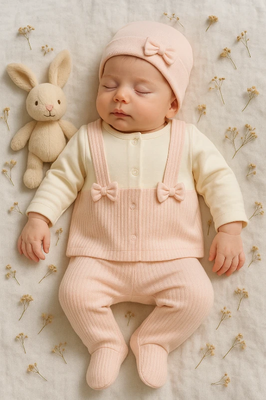 Fiyonklu Şapkalı Bebek 3’lü Bebek Zıbın Takım