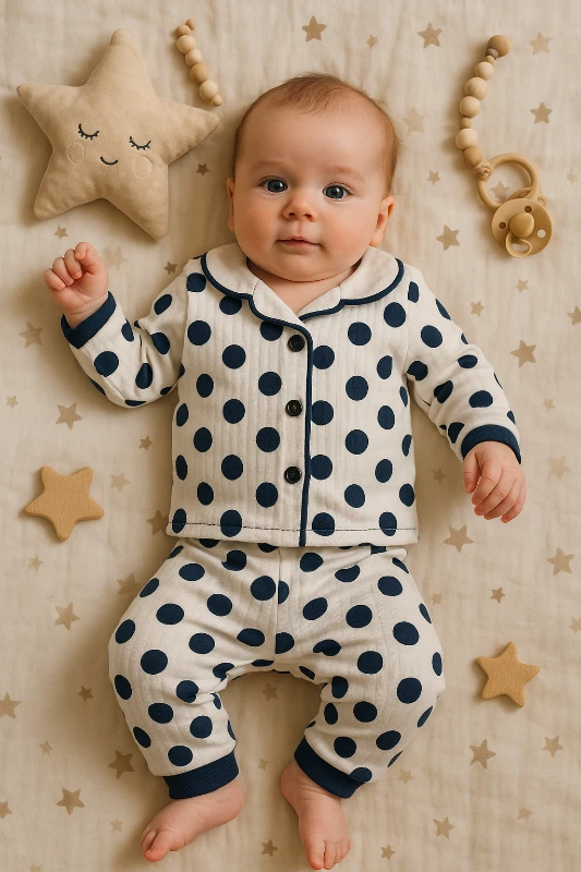 Puantiyeli Raporlu Kumaş 2’li Bebek Pijama Takım