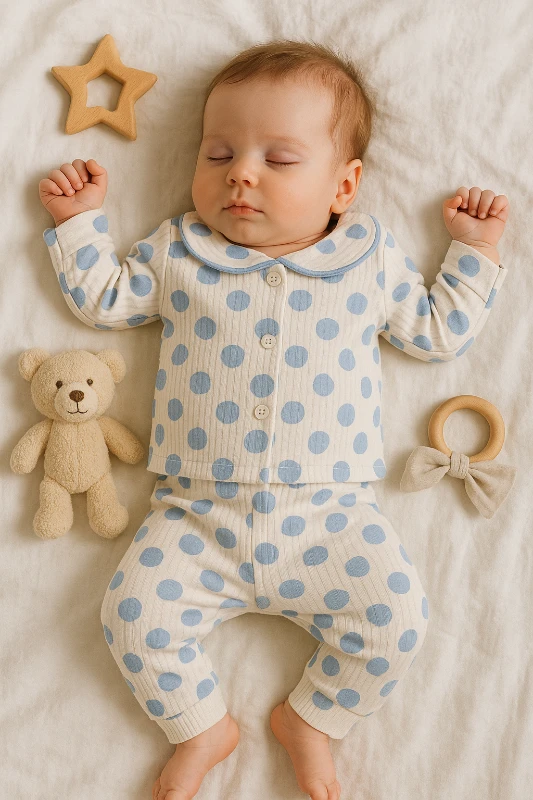 Puantiyeli Raporlu Kumaş 2’li Bebek Pijama Takım
