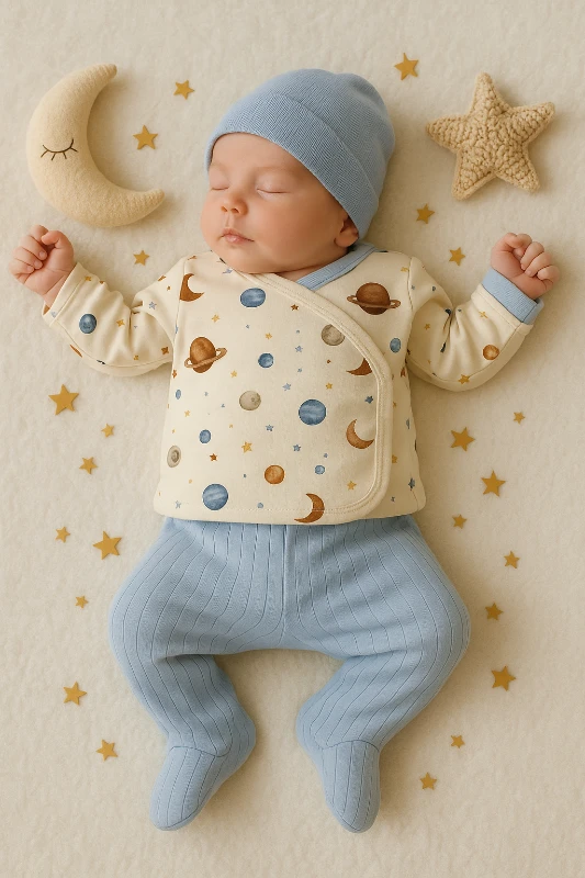 Babycan Gezegen Baskılı Şapkalı 3’lü Bebek Zıbın Takım