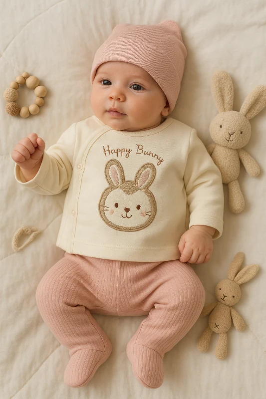 Babycan Süzene Tavşan Nakışlı Şapkalı 3’lü Bebek Zıbın Set