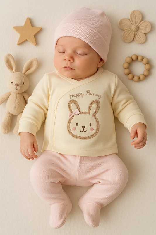 Babycan Süzene Tavşan Nakışlı Şapkalı 3’lü Bebek Zıbın Set