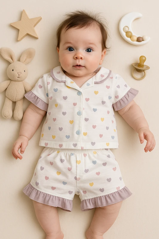 Dolaş Yazlık Renkli Kalpler Baskılı 2’li Bebek Pijama Takım
