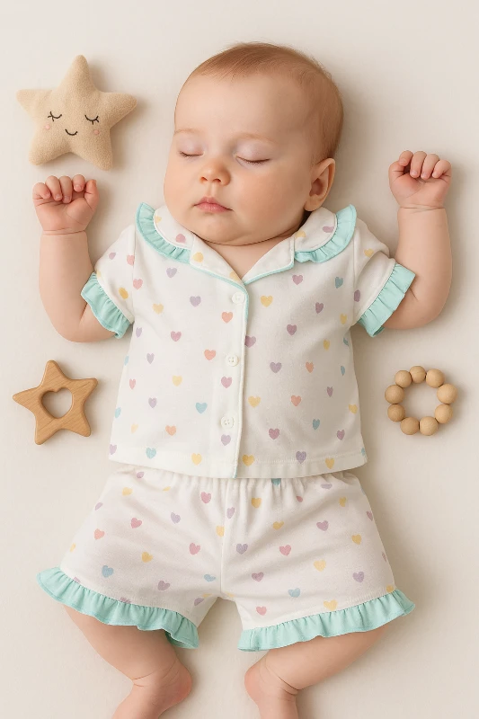 Dolaş Yazlık Renkli Kalpler Baskılı 2’li Bebek Pijama Takım